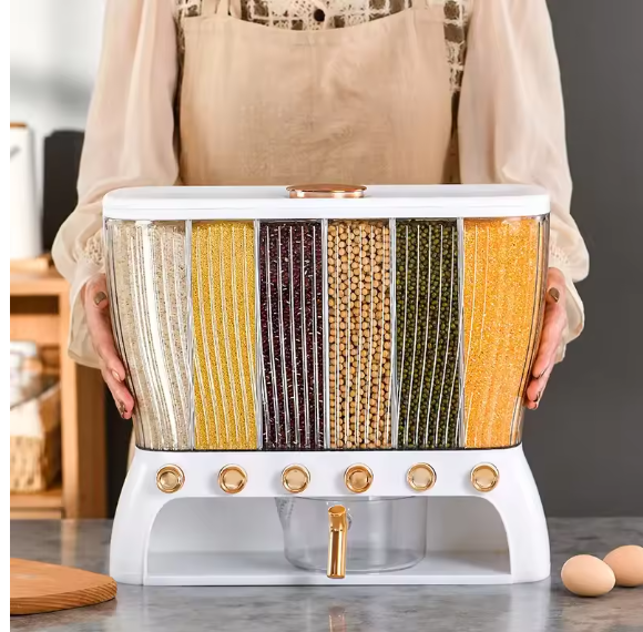 6-Section Rice Storage Bin with Divider ā Airtight Multi-Grain Dispenser for Kitchen Organization