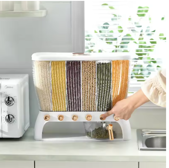 6-Section Rice Storage Bin with Divider ā Airtight Multi-Grain Dispenser for Kitchen Organization