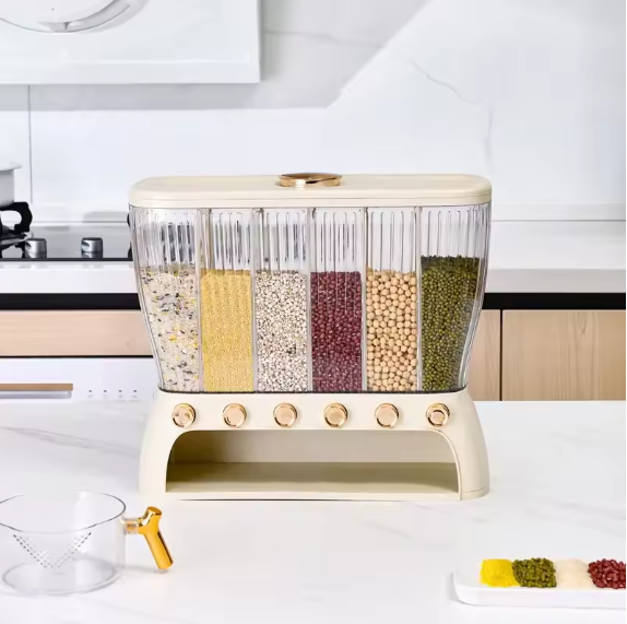 6-Section Rice Storage Bin with Divider – Airtight Multi-Grain Dispenser for Kitchen Organization