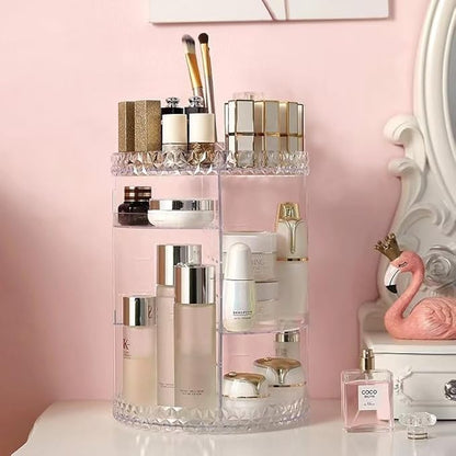 ✅ CrystalGlow™ 360° Rotating Makeup Organizer – Diamond-Cut Acrylic Vanity Storage for UAE & KSA Glam Queens