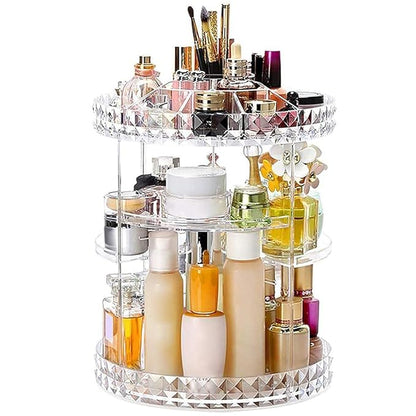 ✅ CrystalGlow™ 360° Rotating Makeup Organizer – Diamond-Cut Acrylic Vanity Storage for UAE & KSA Glam Queens
