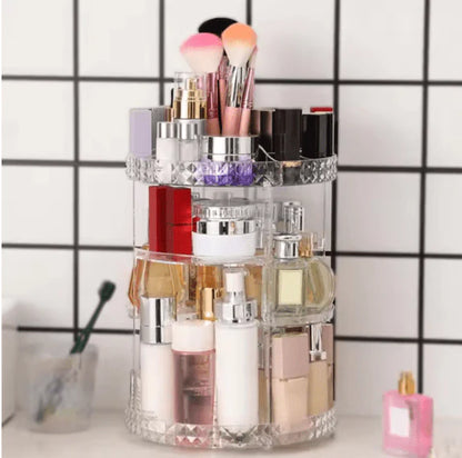 ✅ CrystalGlow™ 360° Rotating Makeup Organizer – Diamond-Cut Acrylic Vanity Storage for UAE & KSA Glam Queens