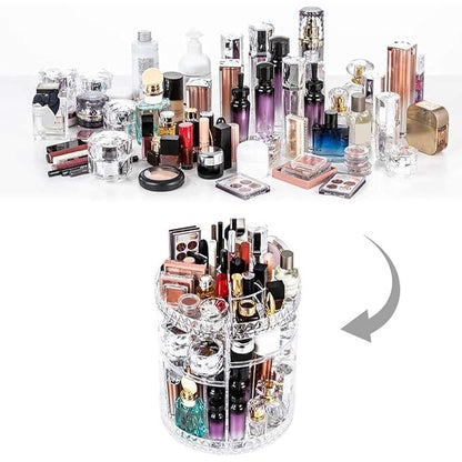 ✅ CrystalGlow™ 360° Rotating Makeup Organizer – Diamond-Cut Acrylic Vanity Storage for UAE & KSA Glam Queens